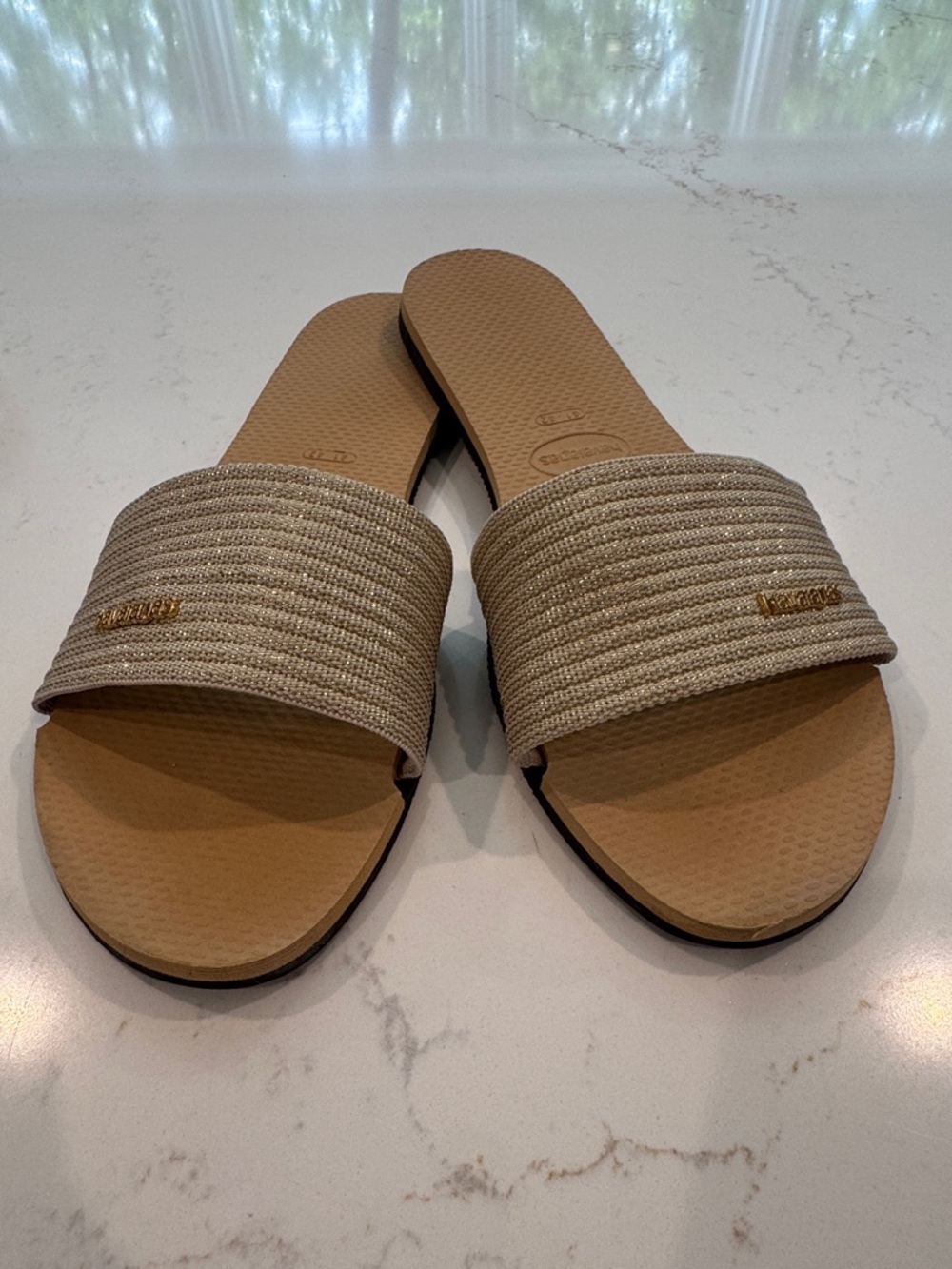 Havaianas Beige Woven Slide Sandals with Gold Logo